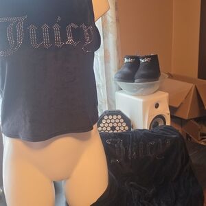 Juicy Couture Black Velour Rhinestone Logo Crop Tank & Bottoms